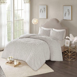 Sapphtopaz Duvet Cover Set Tufted Chenille Medallion Embroidery Solid Color Bedding 3 Piece 1 Duvet Cover, 2 Pillow Shams - 1 of 4