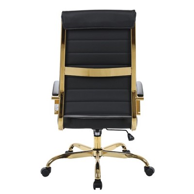Black Leather High-Back Ergonomic Swivel Office Chair with Gold Frame