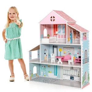 Costway Wooden Dollhouse For Kids 3-Tier Toddler Doll House W/Furniture Gift For Age 3+ - 1 of 4