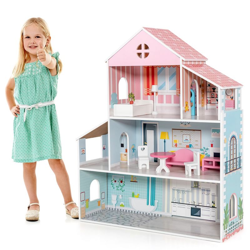 Costway Wooden Dollhouse For Kids 3-Tier Toddler Doll House W/Furniture Gift For Age 3+, 1 of 11
