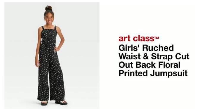 Girls' Ruched Waist and Strap Cut Out Back Floral Printed Jumpsuit - art class™, 2 of 5, play video