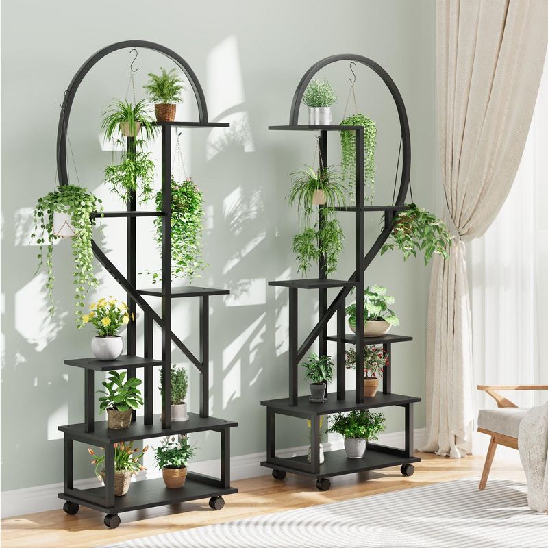 Set of 2 Metal 6-Tier Tall Plant Stands with Detachable Wheels and Drawers, Half Heart Shape Design for Indoor/Outdoor Home, Garden, Patio, Balcony, 1 of 8