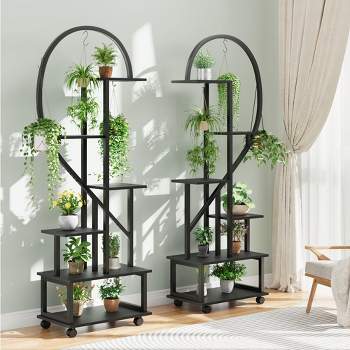 Set of 2 Metal 6-Tier Tall Plant Stands with Detachable Wheels and Drawers, Half Heart Shape Design for Indoor/Outdoor Home, Garden, Patio, Balcony