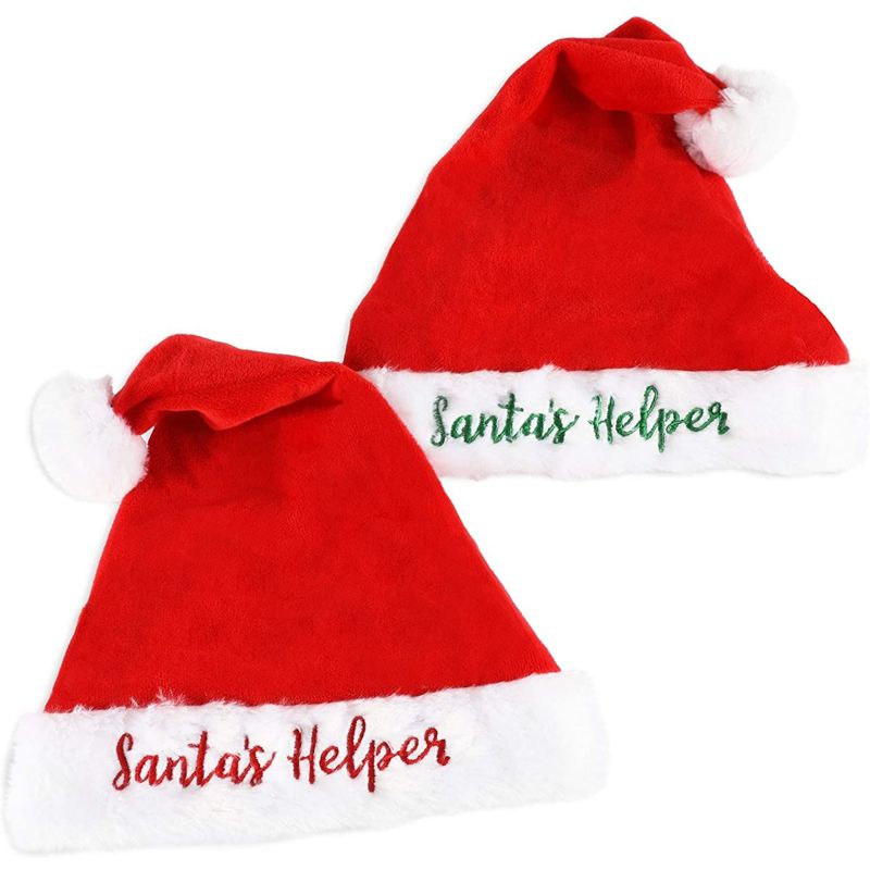 Blue Panda 2-Pack Santa's Helper Funny Christmas Hats, Velvet Comfort Xmas Holiday Party Santa Hat for Kids, 1 of 6