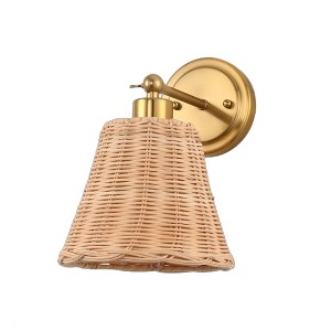 DORESshop 7 in.1-Light Brass Boho Rattan Wall Sconce with Swing Arm, Natural Woven Light Fixture for Bedroom, Living Room,Entryway - 1 of 4