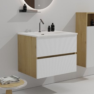 Akoasm 24 Inch Floating Bathroom Storage Cabinet With Integrated Ceramic Sink-White + Light Oak - 1 of 4