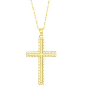 Bella Silver Sterling Silver Gold Plated High Polish CZ Outline Cross 18" Pendant Necklace - Gold - 1 of 2