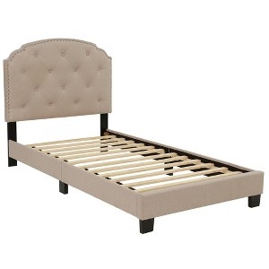 Poundex, Twin Upholstered Bed Frame with Slats in Burlap Fabric - 1 of 4