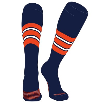 PEAR SOX Striped OTC Baseball, Softball, Football Socks (E) Navy, Orange, White