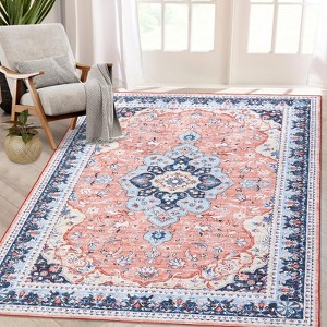 Area Rug, Living Room Rug - 9x12 Ft Vintage Machine Washable Low Pile Print Carpet with Rubber Backing Non-Slip  (Pink) - 1 of 4