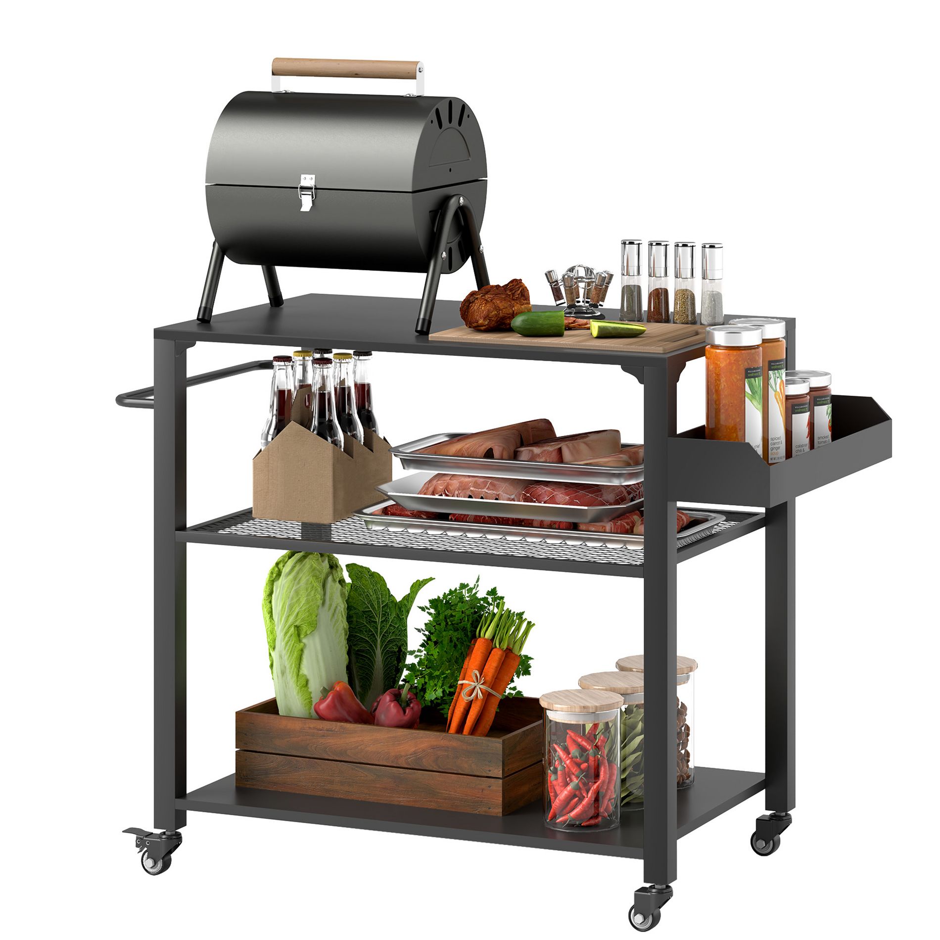 Outsunny 3-Tier Outdoor Grill Cart, Pizza Oven Stand with Storage Racks, Side Handle, Movable Food Prep Table on Wheels