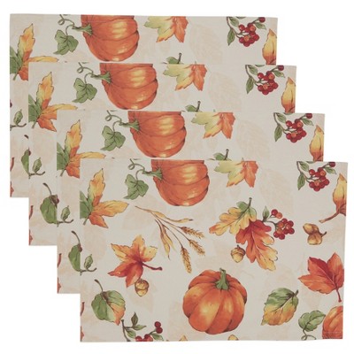 Autumn Pumpkin and Foliage Polyester Rectangle Placemats, Set of 4