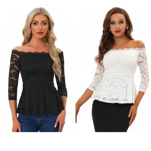 INSPIRE CHIC Women's Elegant Lace Floral Semi Sheer 3/4 Sleeve Off Shoulder Peplum Top 2 Packs - 1 of 4