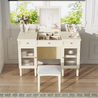 INFURNIC Vanity Tables 2 in 1 Vanity Desk with Flip Top Mirror and Storage for Bedrooms and Offices, White, 46.5"*20.1"*29.8"