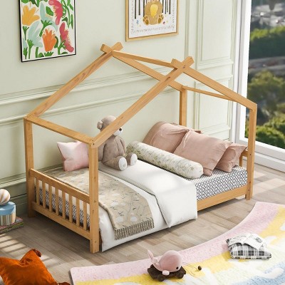 Streamdale Twin Size House Platform Bed with Headboard and Footboard, Roof Design卢篓Natural