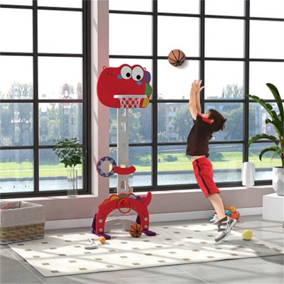 YONWAY 5-in-1 Kids Basketball Hoop,5 Level Adjustable Height Basketball Goal with Soccer,Ring Toss & Throw Ball Game for Boys Girls 3-6 Years, Red