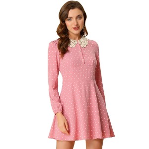 Allegra K Women's A-Line Long Sleeve Front Button Down Lace-Collar Mini Dresses - 1 of 4