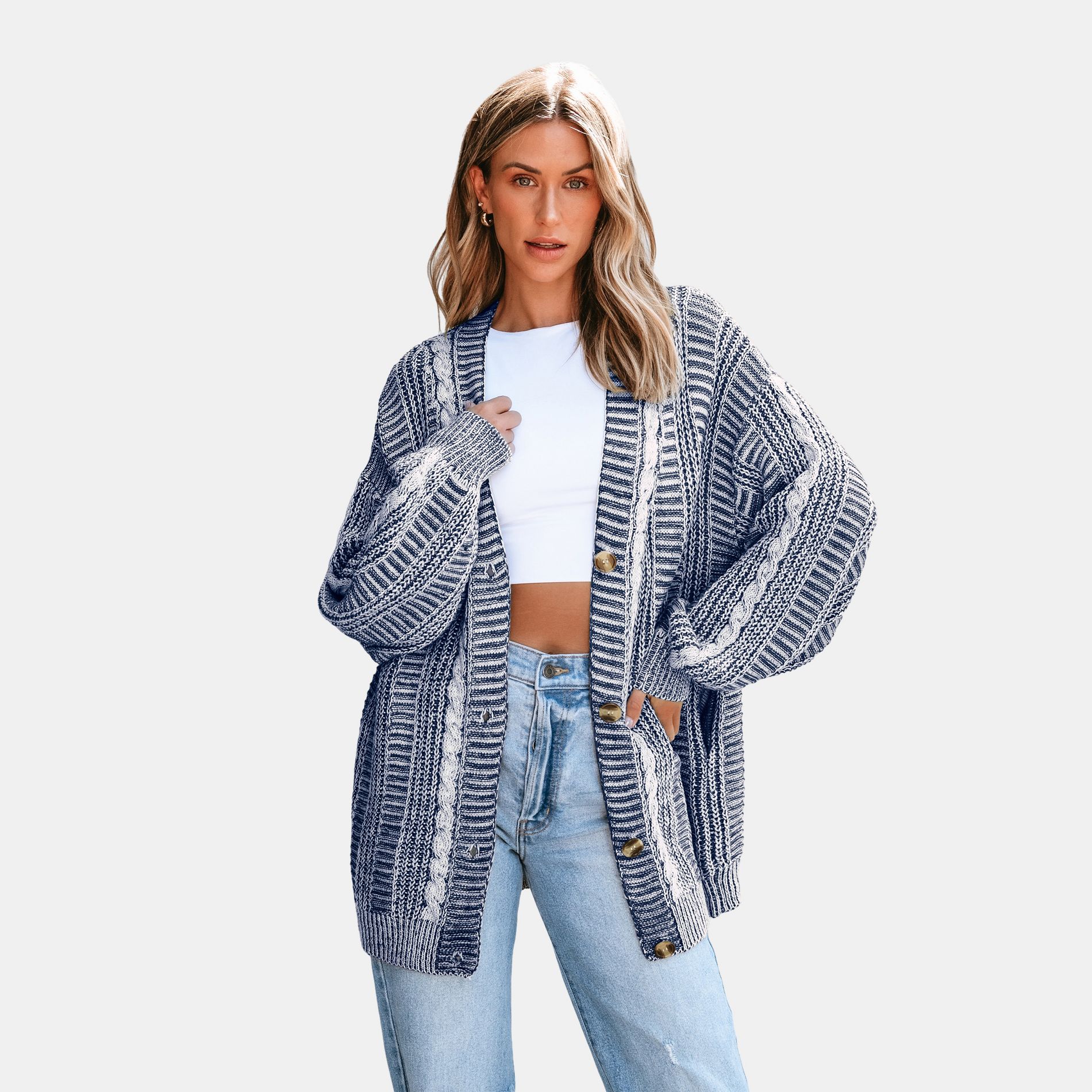 Women's Cable Knit Long Sleeve Longline Cardigan - Cupshe-XL-Navy Blue