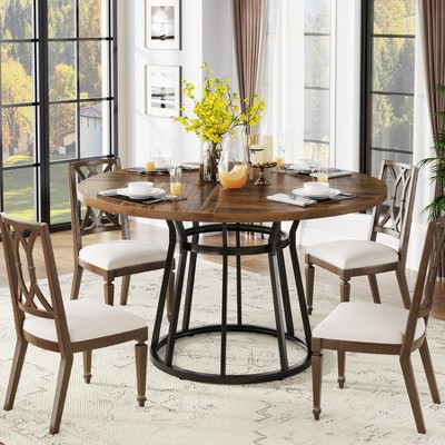 Brown Round Wood Dining Table with Black Metal Base, 47.2 Inch