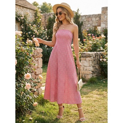 Женские платья INSPIRE CHIC Women's Gingham Strapless Sleeveless Off Shoulder Smocked Beach A-Line Maxi Sundress Small Red — фото 2
