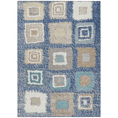 Navy Blue Beige And Ivory Geometric Washable Indoor Outdoor Area Rug