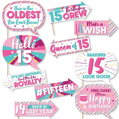 Big Dot of Happiness Funny Girl 15th Birthday - Teen Birthday Party Photo Booth Props Kit - 10 Piece