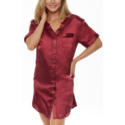 Adr Womens Satin Night Shirt Boyfriend Style Short Sleeve Sleep Shirt Burgundy Medium Target