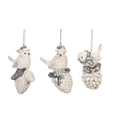 Transpac Resin Bird On Pinecone Ornament Set of 3 Christmas Home Decorations