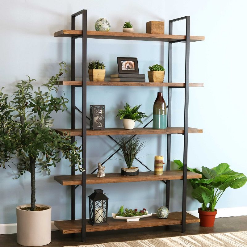Sunnydaze 5 Shelf Industrial Style Freestanding Etagere Bookshelf with Wood Veneer Shelves, 2 of 9