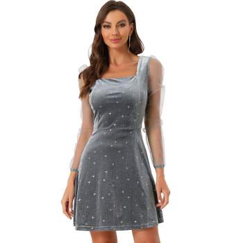 Allegra K Women's Mesh Sheer Puff Long Sleeve Square Neck Glitter Star Mini Velvet Dress