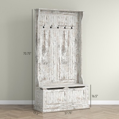 Distressed White Wood Hall Tree with Storage Bench and Coat Rack