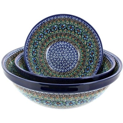 Blue Rose Polish Pottery 1400 Ceramika 3 Piece Serving Bowl Set
