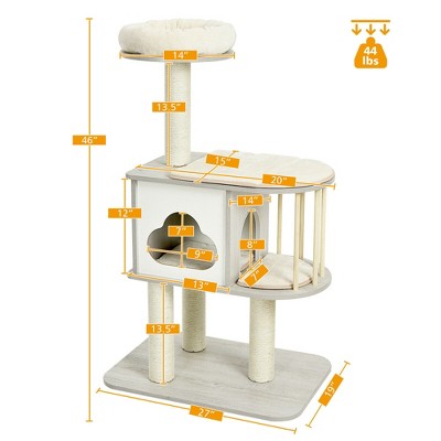 46'' Gray Wooden Cat Tree with Sisal Posts and Cushions