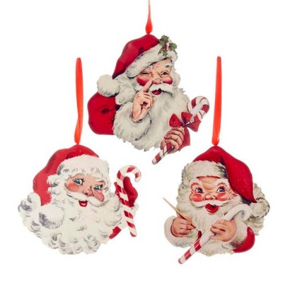 Holiday Ornament 5.0" Retro Mint Wooden Santa Head Vintage Look  -  Ornament Sets