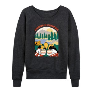 Women's - Disney - Coffee And Camping Lightweight French Terry Wide Neck Long Sleeve Graphic Shirt - 1 of 4