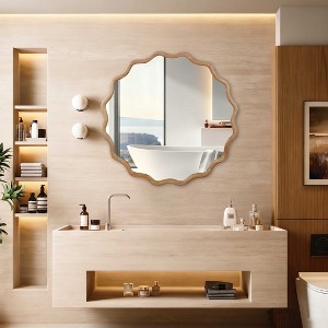 Spassway 36"W*36"H Beige Asymmetrical Mirror Irregular Round Wall Mirror Modern Wood Frame Wall Mounted Vanity Mirror Decorative for Bedroom Bathroom - 1 of 4