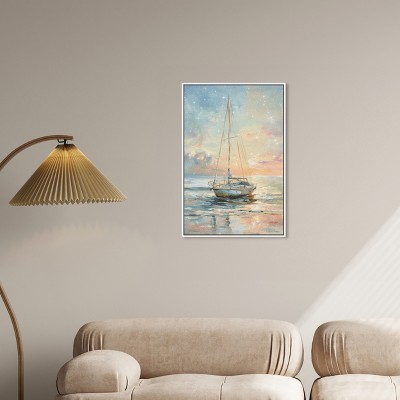 Sailing Boat at Sunset Canvas Wall Art with White Frame
