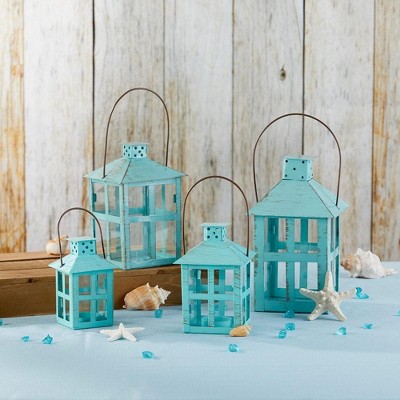 Distressed Blue Iron and Glass Tabletop Candle Lantern