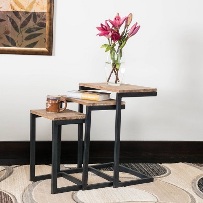 Tohono Antique Firwood and Iron Nesting C-Tables Set of 3