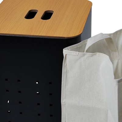 Black Steel Laundry Hamper with Wood Lid and Handles