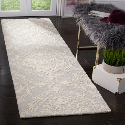 Light Grey and Ivory Floral Wool Runner Rug