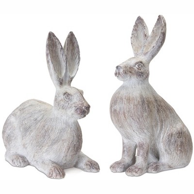 HomeRoots Set of Two 17" White Washed Polyresin Rabbit Tabletop Sculptures