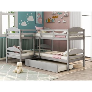 Twin over Twin L-Shaped Bunk Bed with Trundle, 5-Bed Capacity, No Box Spring Required, White/Gray/Espresso - ModernLuxe - 1 of 4