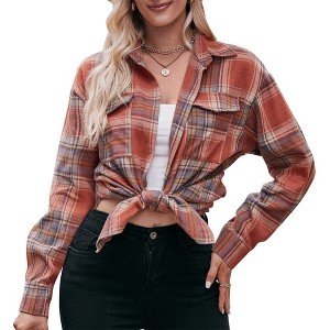 Womens Button Down Flannel Shirts Oversized Long Sleeve Plaid Shackets Business Casual Blouse Top - 1 of 4