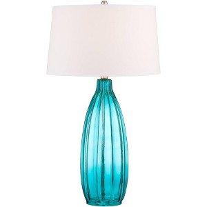 360 Lighting Stella Modern Coastal Table Lamp 30" Tall Fluted Blue Ribbed Glass White Drum Shade for Bedroom Living Room Bedside Nightstand Office - 1 of 4