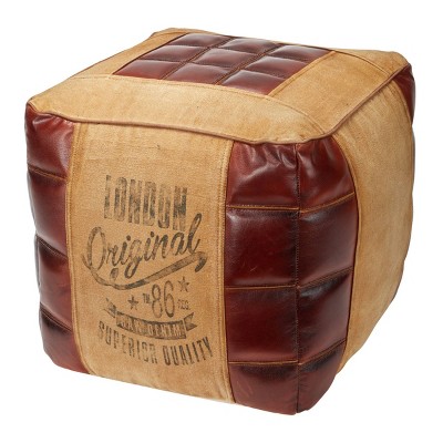 Rustic Square Canvas and Faux Leather Pouf in Brown