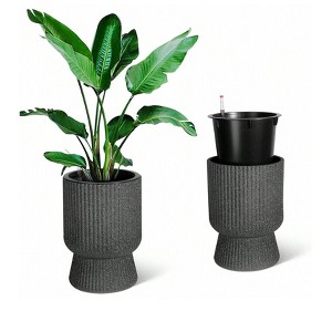 Set of 2 Self-Watering Planters (14") with drainage holes & water monitor. Perfect for patio, porch, living room, or home office. - 1 of 4