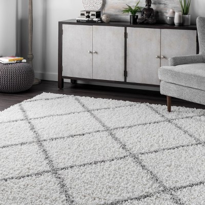 Plush White Geometric Shag 63" Square Area Rug