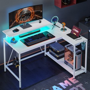 Pinmoco 42" Reversible L-Shaped Gaming Desk, LED Carbon Fiber Desk with Monitor Stand & Headset Hooks - 1 of 4