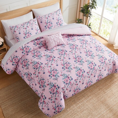 Jessica Simpson Phoebe Pink Floral Queen 8-Piece Reversible Bed in a Bag